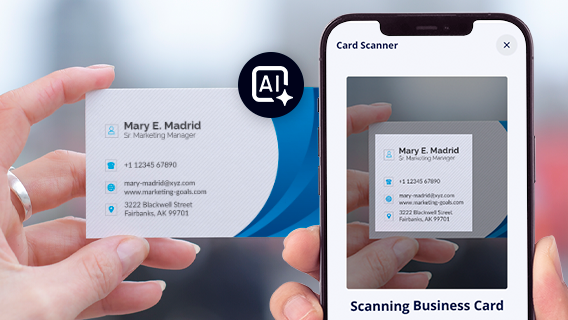 Phone scanning a business card using AI OCR to extract contact details
