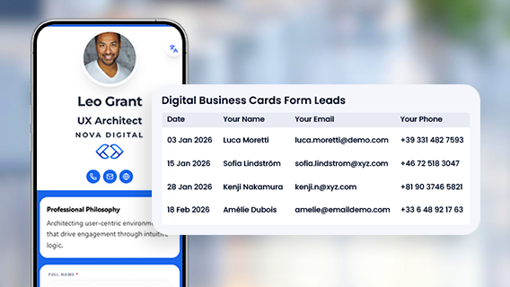 Digital business card with centralized form leads dashboard overlay