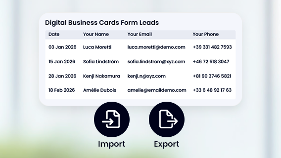Leads table with import and export options for digital business card contacts