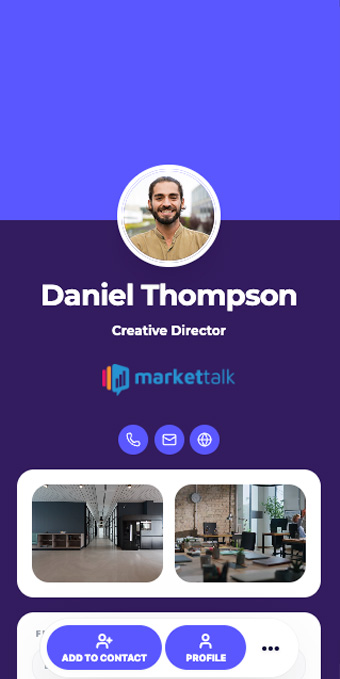 Purple digital business card template with profile photo, contact icons, and work previews.