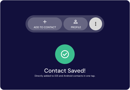 An interface showing a "Contact Saved!" confirmation message with a green checkmark icon and buttons for "Add to Contact" and "Profile."