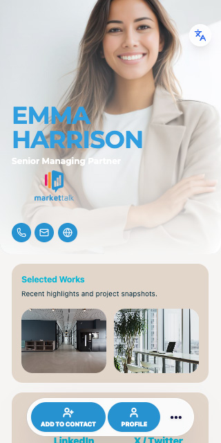 Executive digital profile template with large background image and contact options.