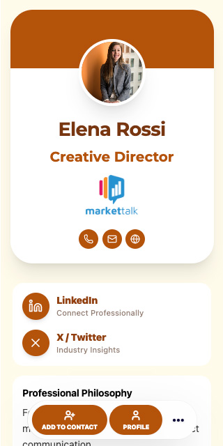 Modern rounded profile card template with social links and contact actions.